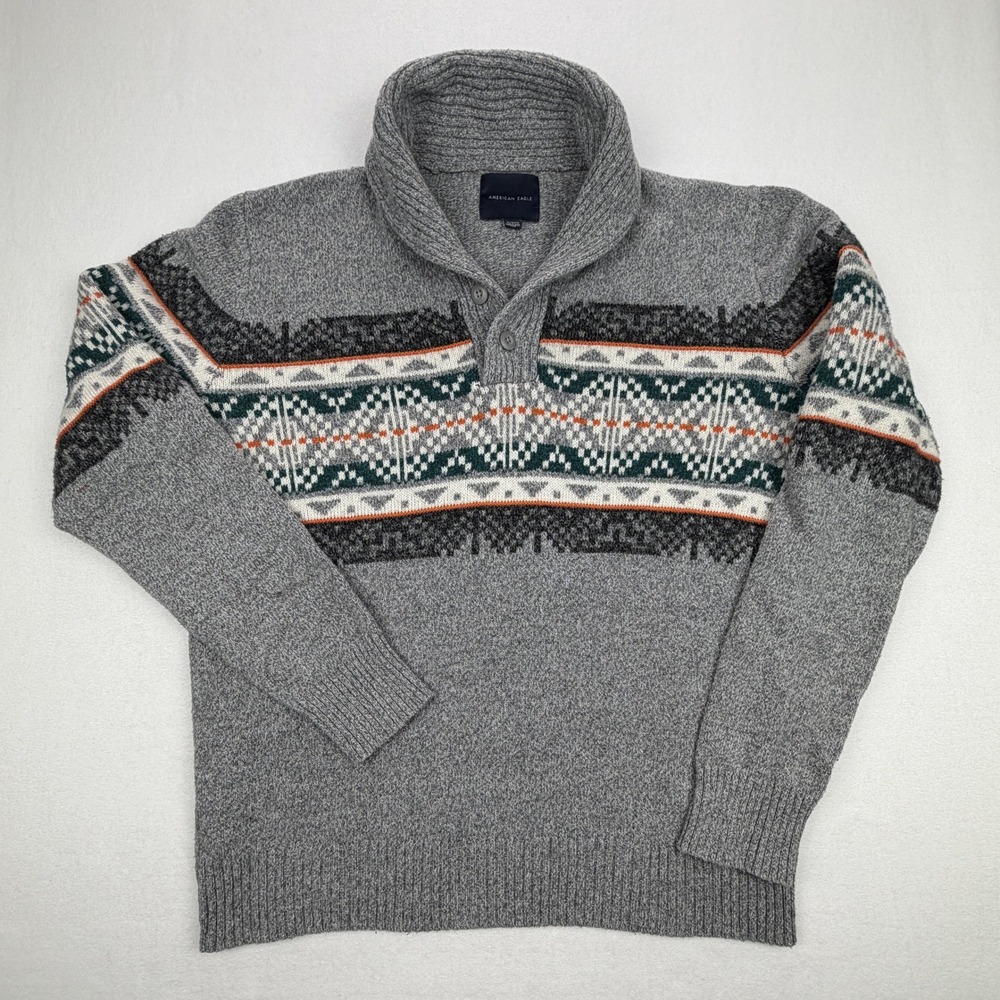 American Eagle Mens XL Shawl Collar Fair Isle Sweater Grey Geometric Pullover